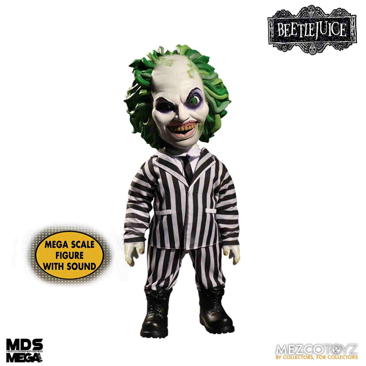 MDS Mega Scale Talking Beetlejuice, 38 cm große Actionfigur mit Stoffkleidung, 7 originale englische Sätze aus dem Film, für Horrorfilm-Fans und Sammler von Mezco Toyz