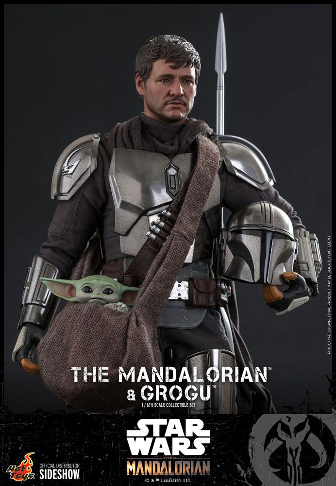 Mandalorianer mit Grogu in einer Umhängetasche. Detaillierte 30 cm Actionfigur von Hot Toys