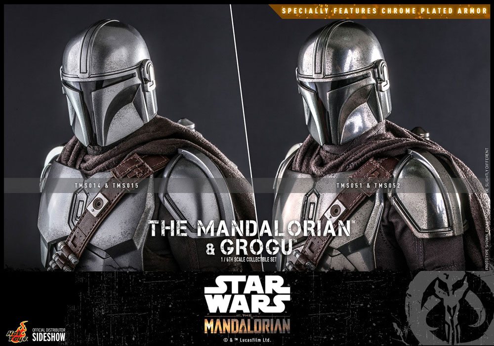 Mandalorianer mit Grogu in einer Umhängetasche. Detaillierte 30 cm Actionfigur von Hot Toys